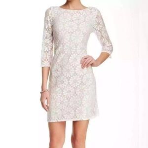 Eliza J Ivory Lace Bateau Neck Shift Dress Size 6 Three-Quarter Sleeve